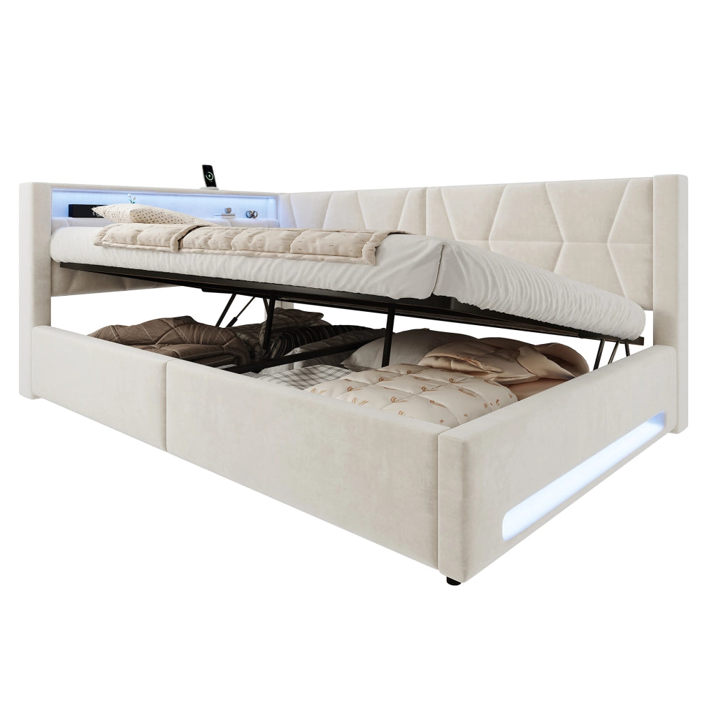 Letto imbottito 140x200 cm con contenitore idraulico; LED; USB e Type-C; velluto beige