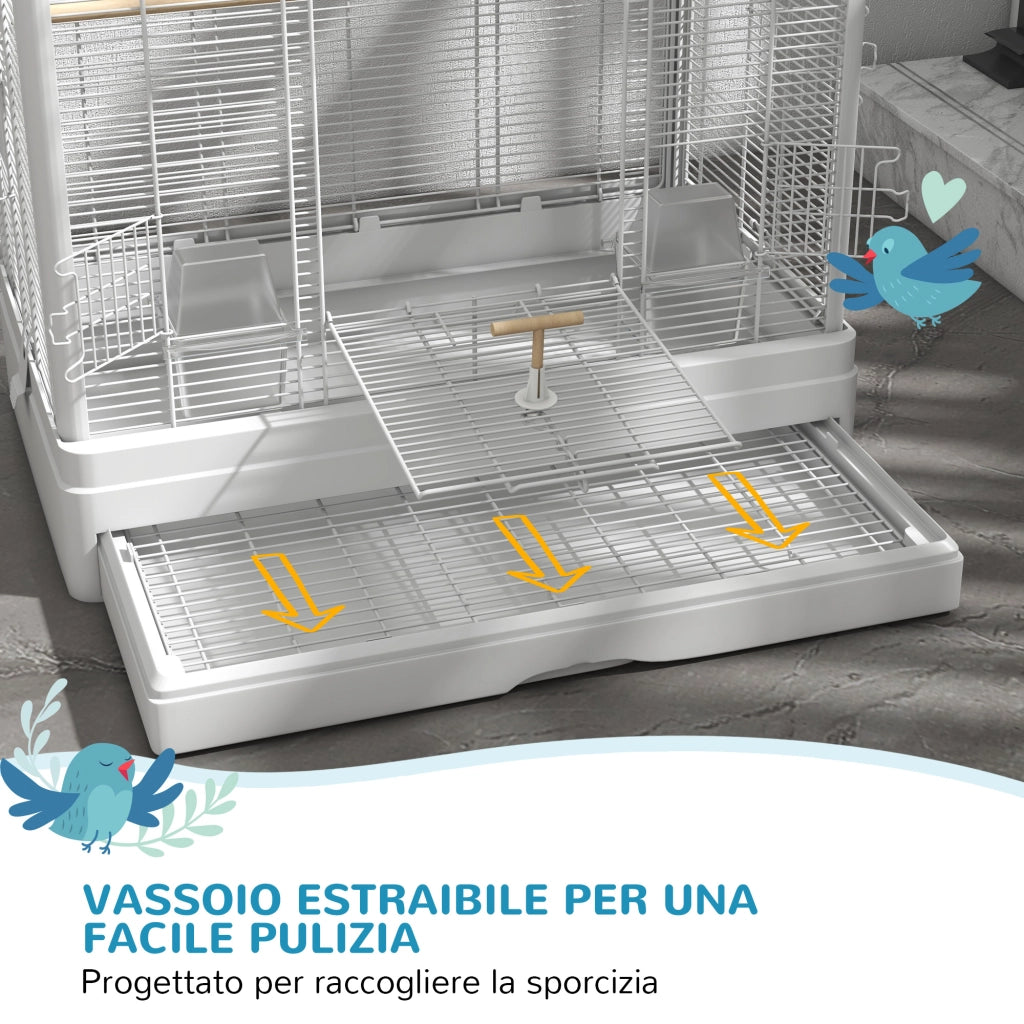Gabbia per Uccelli con Vassoio Estraibile e Posatoi, Voliera per Pappagalli, 61x36.5x98 cm, Bianco