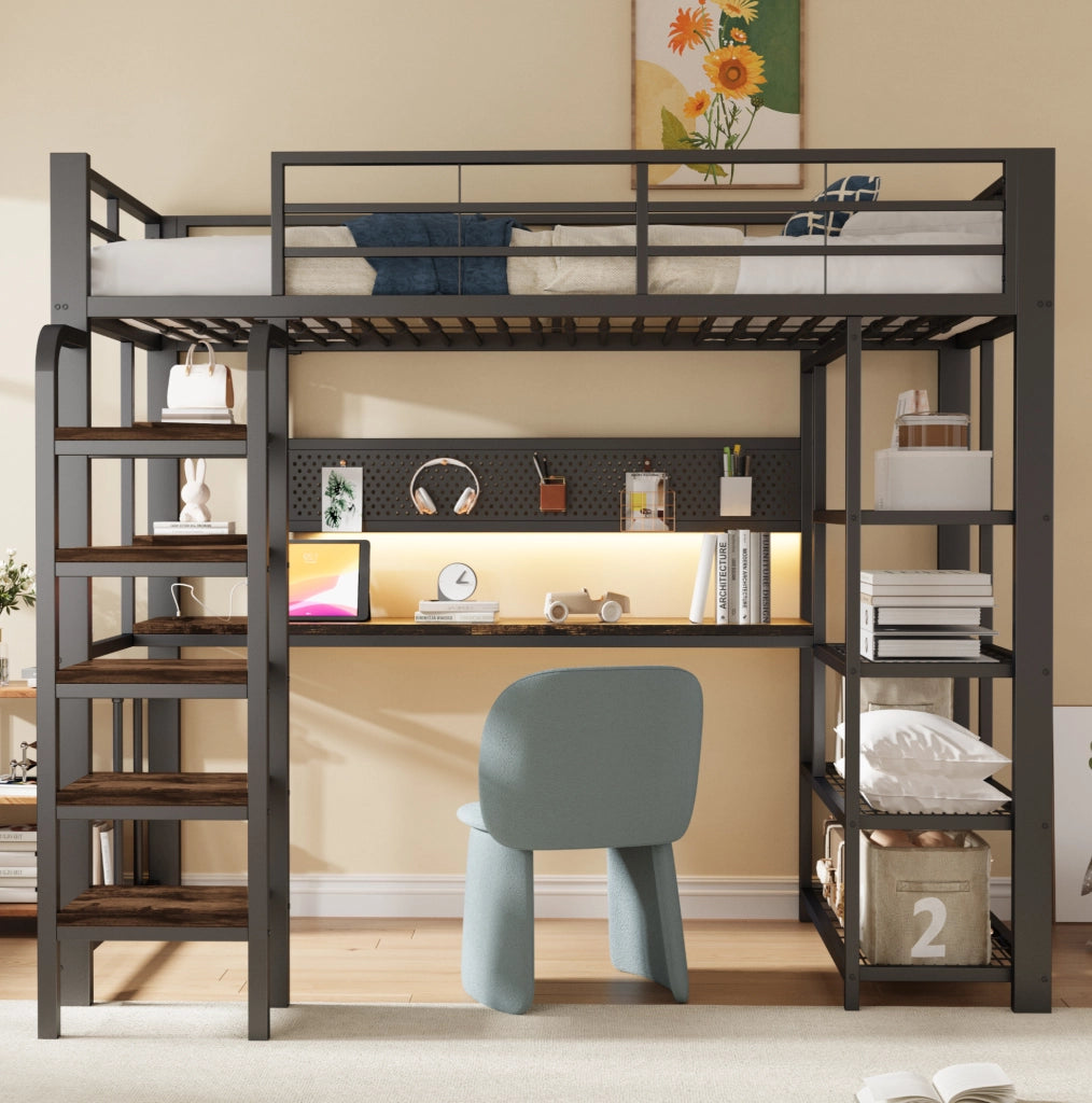 Letto a soppalco in metallo 90x200 cm con LED; scrivania; prese integrate e ripiani; nero