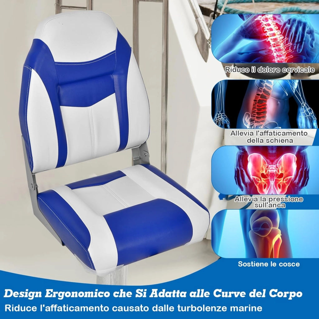 Sedia da Barca, Sedile da Barca Pieghevole con Morbido Cuscino Imbottito, Rivestimento in PVC Impermeabile, Blu (1)