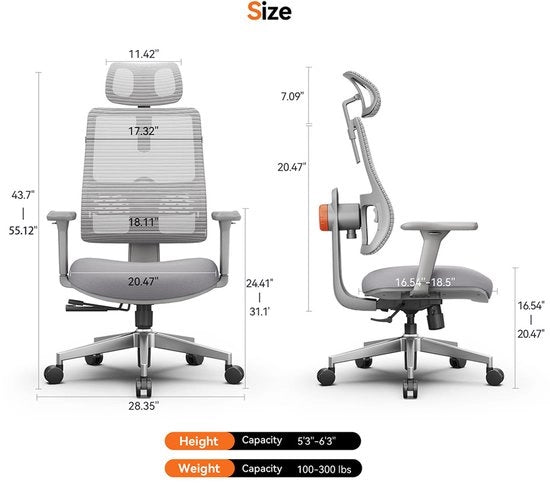 Sedia da ufficio ergonomico - Schienale regolabile automaticamente - Supporto adattivo - Altezza regolabile della testiera - Colore grigio