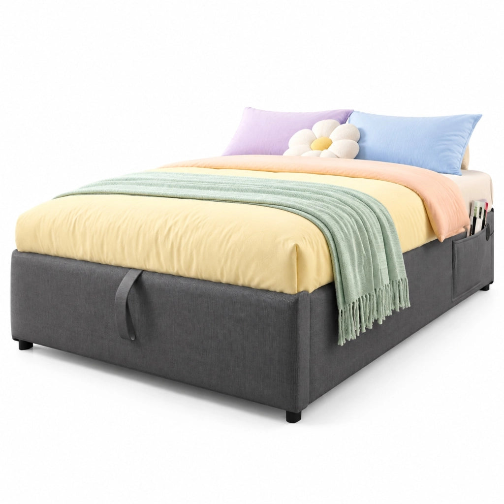 Letto singolo 90x200 cm con contenitore idraulico; USB e USB-C; in cotone e lino grigio