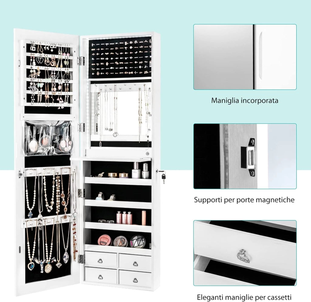 Armadietto per Gioielli con Specchio a Figura Intera LED, Armadio Multiuso con 4 Cassetti 4 Mensole, Organizer Portagioie per Camera da Letto e Cabina Armadio (Bianco)