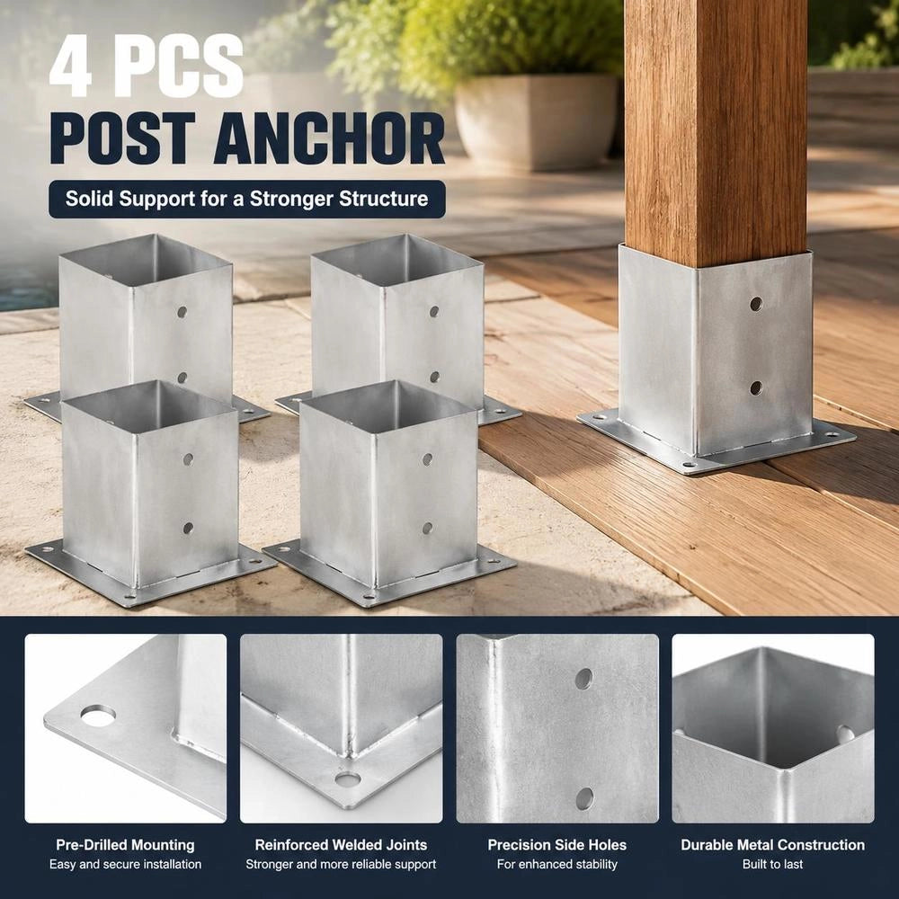 Post Anchors, 4 Pieces, Galvanized Metal, 121 Mm