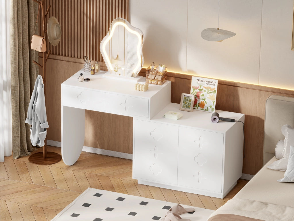 Tavolo da toeletta con specchio LED; temperatura luce regolabile 3 livelli; 2 cassetti e mobiletto con 4 scomparti; Bianco; 160×40×132cm