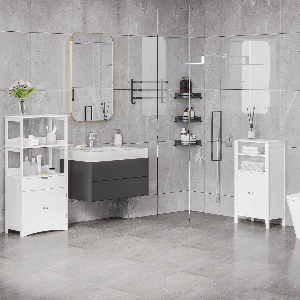 EasyComfort Mobile Bagno con Mensole, Armadietto e Cassetto, Mobiletto da Bagno Multiuso in Legno, Bianco, 60x33x122.5cm