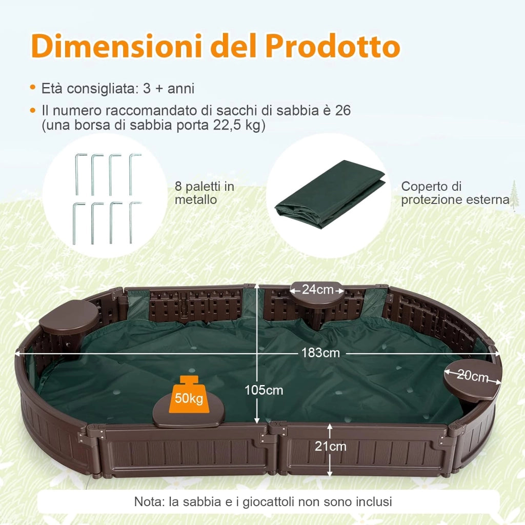 Sabbiera per Bambini con Coperchio Impermeabile, con 4 Sedie, Ideale per Giardino, Cortile e Spiaggia,183 x 105 x 21 cm, Marrone