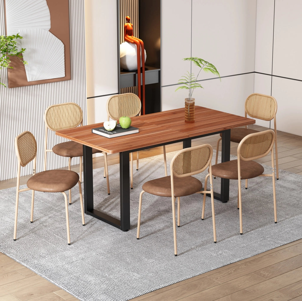 Set di 4 sedie da pranzo in PU marrone con schienale in rattan naturale