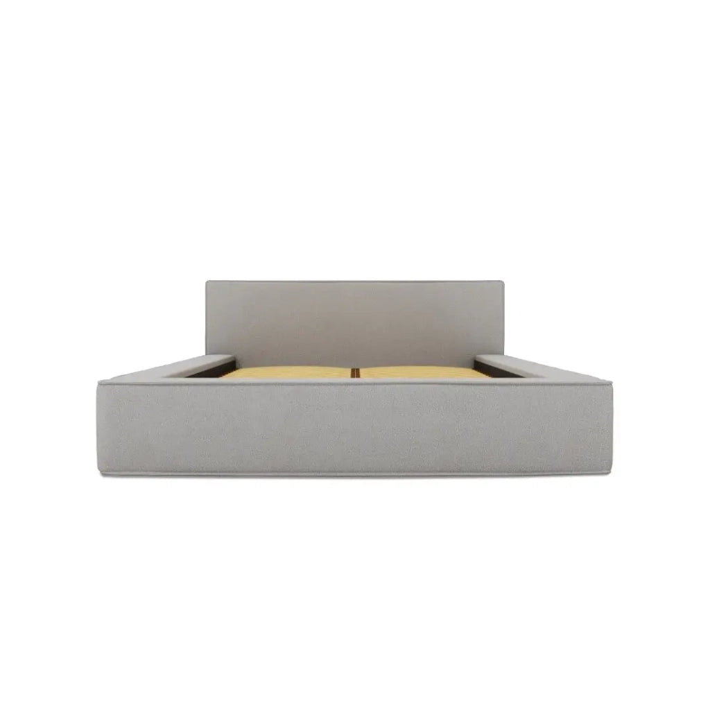 Letto contenitore VELORA – Sabbia grigia bouclé – 140x200 cm – Tessuto velluto morbido – Rete sollevabile – Contenitore integrato