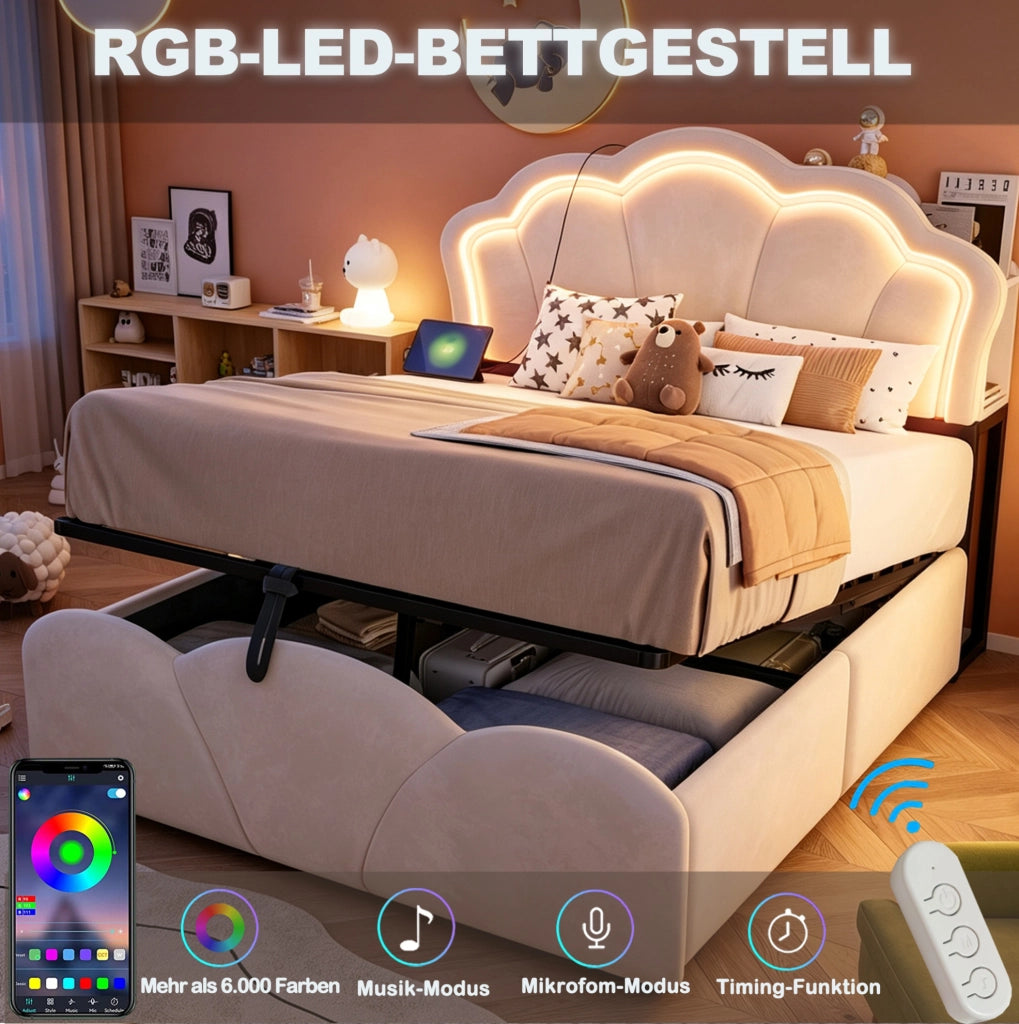Letto matrimoniale 140x200 cm con contenitore idraulico; LED e prese; beige