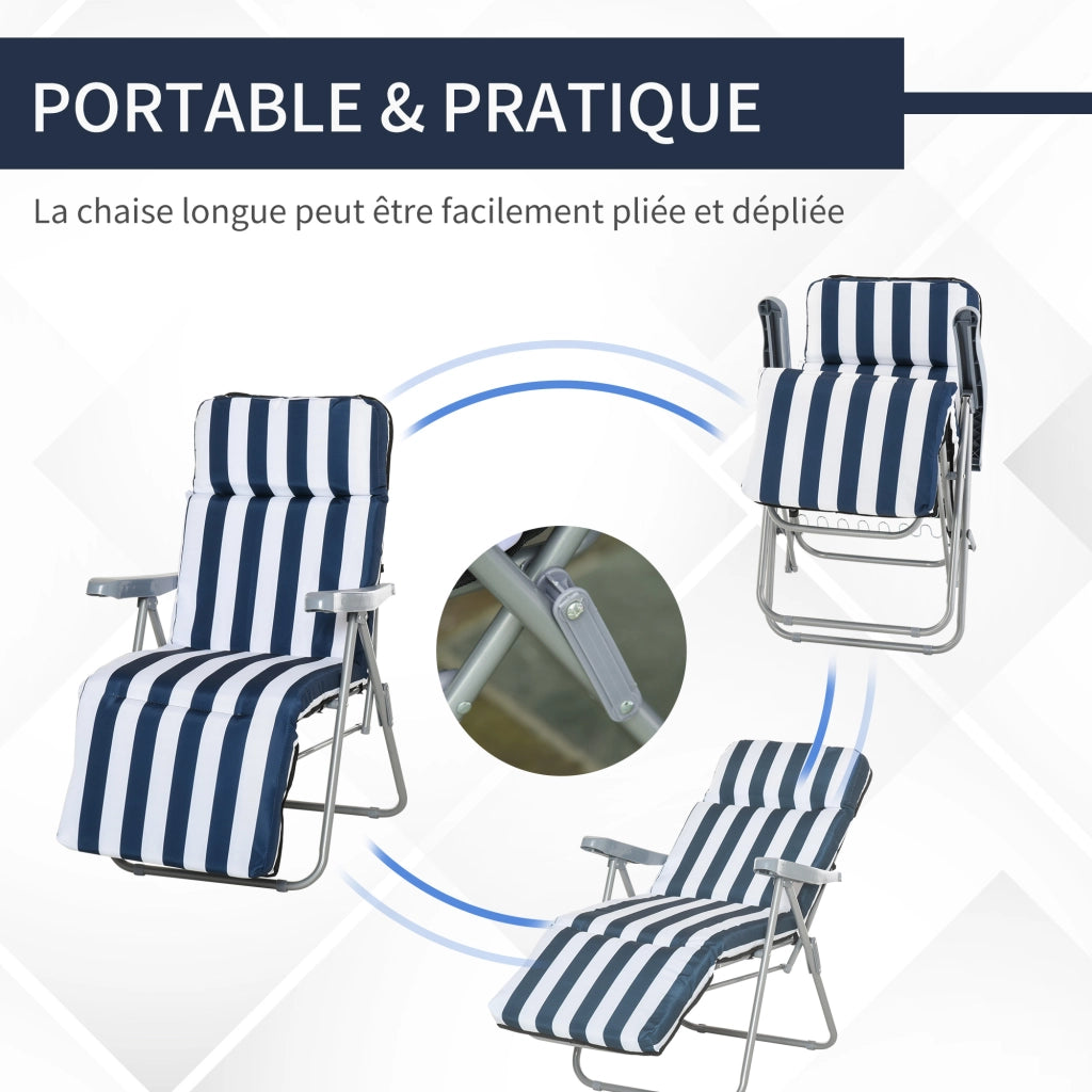 Chaise Longue Pieghevole Regolabile con Cuscino ¨C Zephmum ¨C Blu e Bianco in Acciaio
