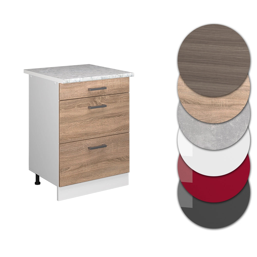 Mobiletto base per cucina R-Line Sonoma/Bianco 60 cm con cassetti PL Marmo Vicco