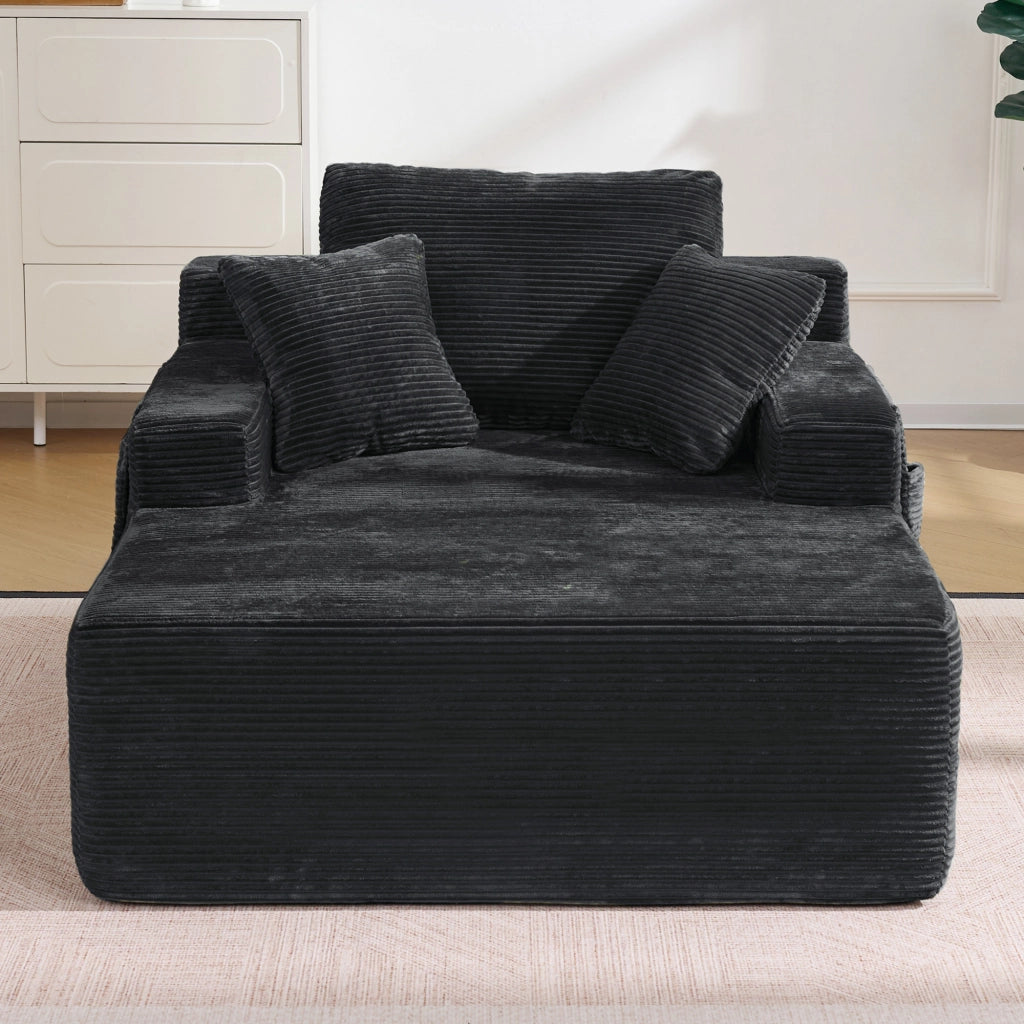 Divano in velluto a coste con tasche laterali e cuscini morbidi, design retrò, struttura stabile, nero