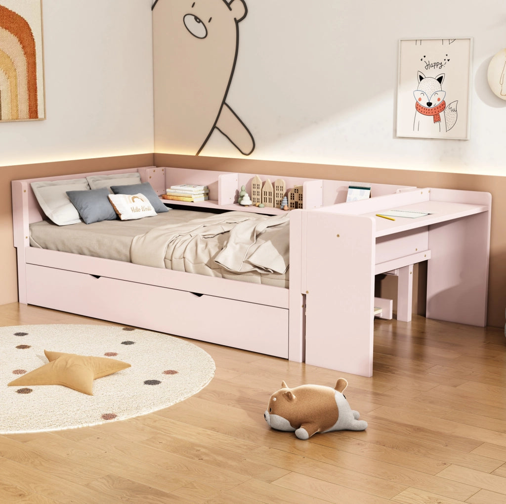 Letto per bambini 90x200 cm con letto estraibile; scrivania e ripiani; legno e MDF; rosa