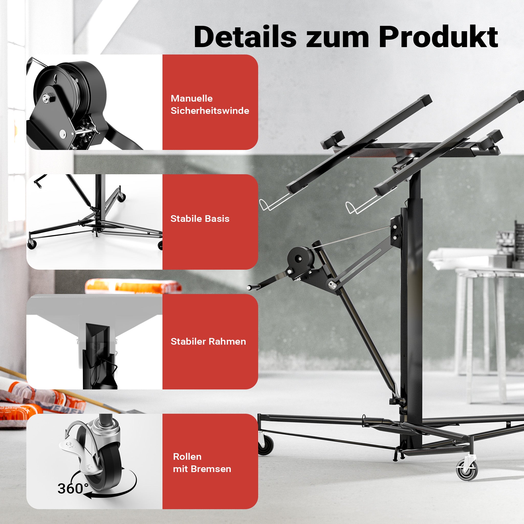 Sollevatore pannelli cartongesso con prolunga, max 68kg, Carrello Alzapannelli Alzalastre