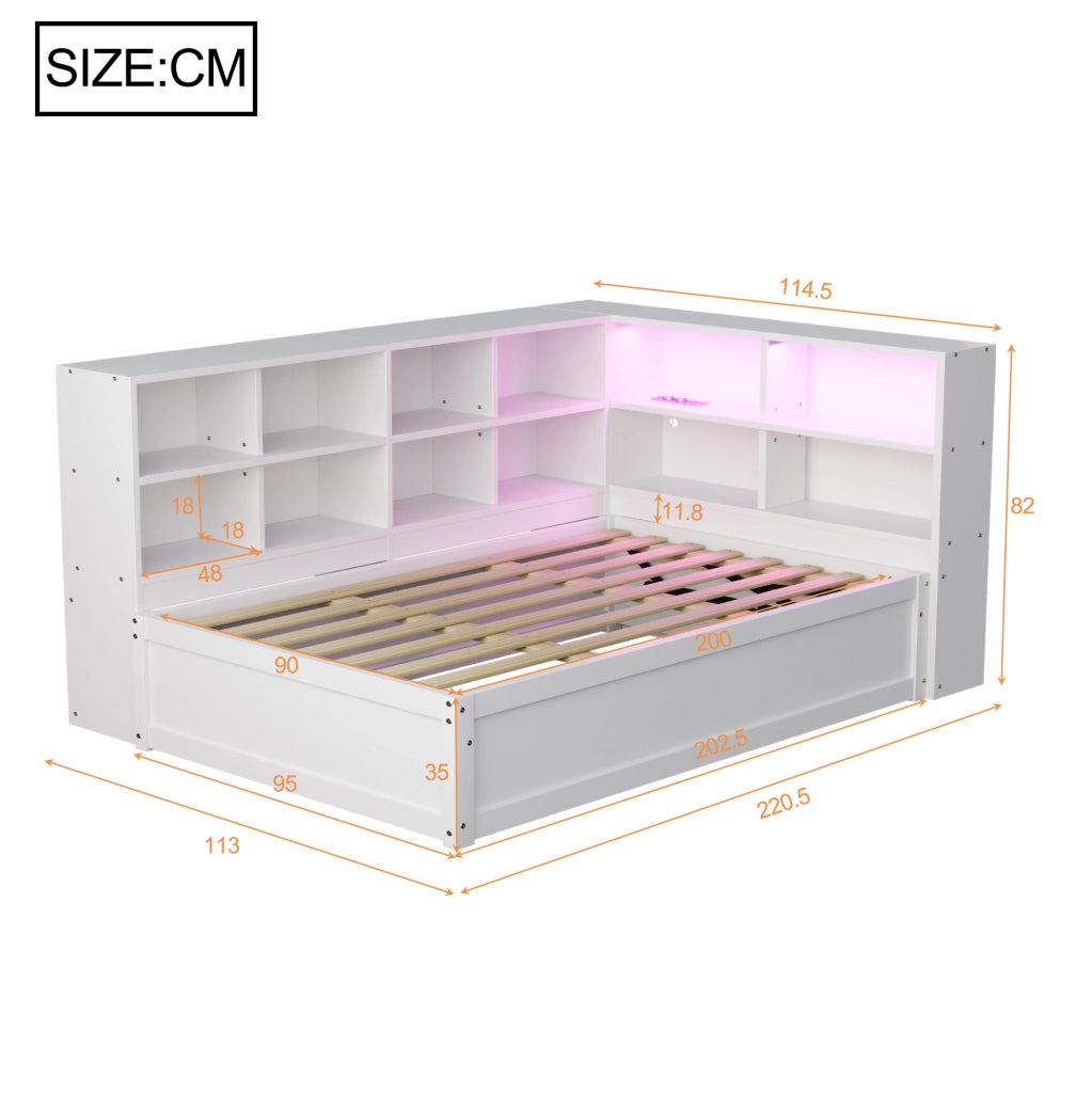 Letto singolo multifunzione 90x200 cm con contenitori; LED e presa integrata; bianco
