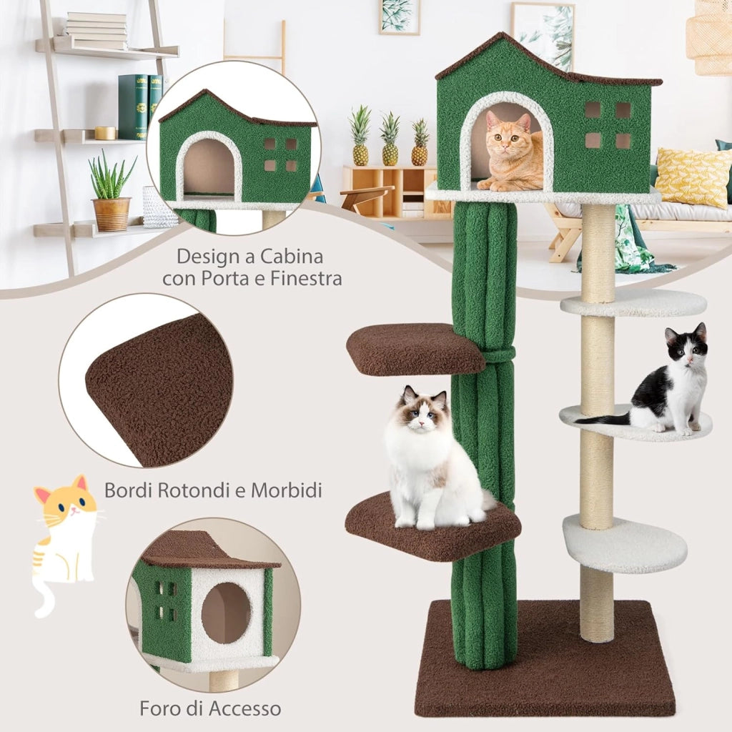 Tiragraffi per Gatti alto 153 cm, Albero Tiragraffi con Cuccia, Tiragraffi Rivestito in Sisal, 5 Piattaforme e Dispositivo Antiribaltamento,Tiragraffi per Gatti Adulti e Gattini