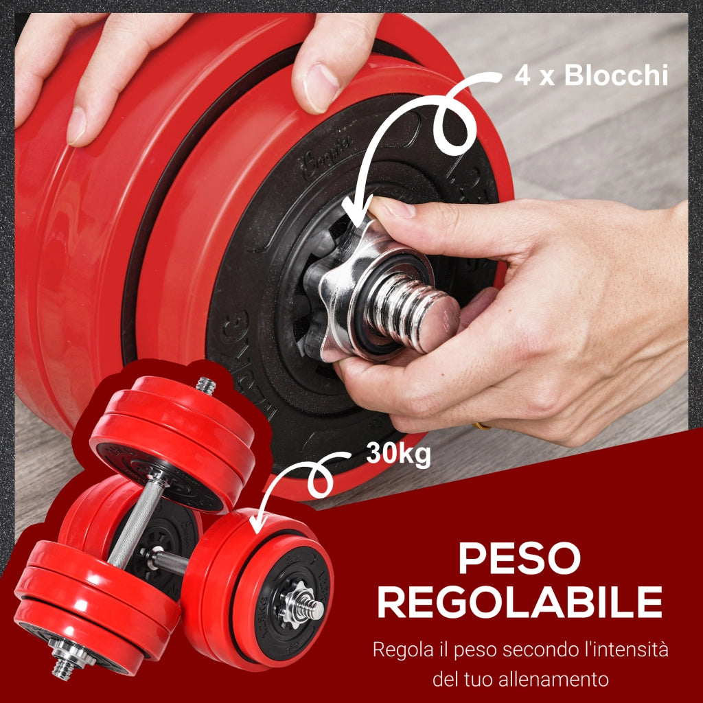 Set di Manubri Pesi 2 in 1 da 30kg, Dischi con Rivestimento in Plastica Antigraffio, Rosso e Nero