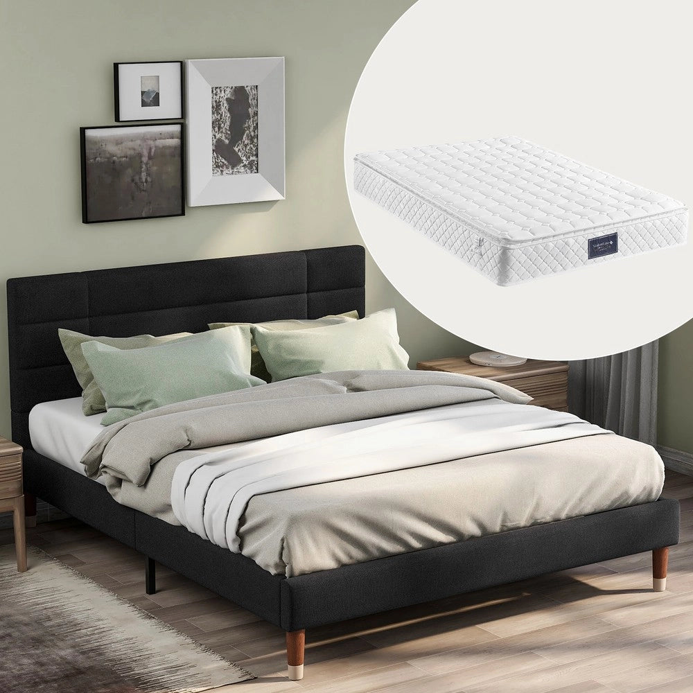 Letto Imbottito Matrimoniale con Rete a Doghe e Materasso ¨C MINIMAL ¨C Nero, Tessuto Lino, 140x200