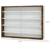 Bacheca Portaoggetti a 4 Ripiani Regolabili, Vetrina a Muro in Vetro e Legno, 80x9.5x60 cm, Marrone