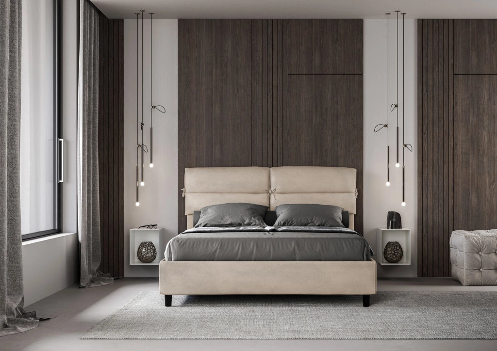 BS COM Letto matrimoniale con rete imbottito 160x210 microfibra sabbia