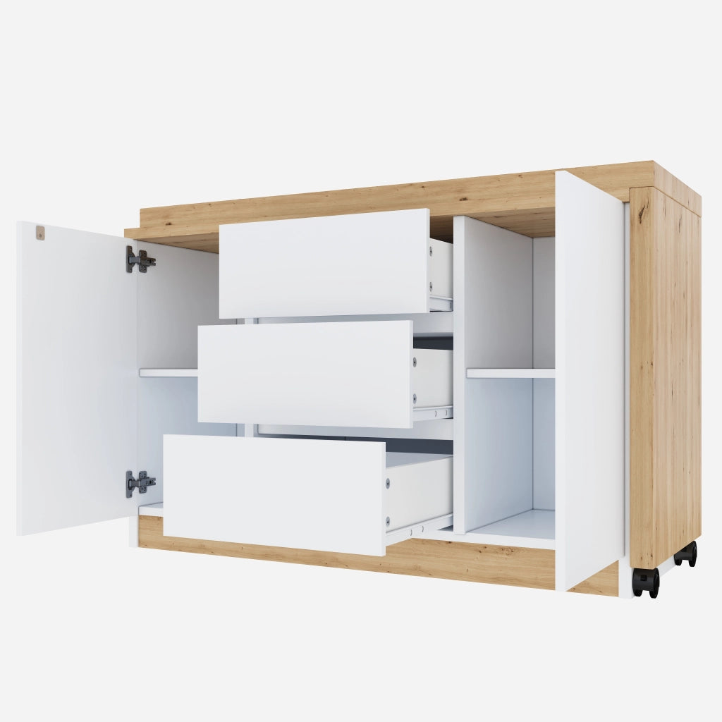 Scrivania pieghevole con 2 ante, 3 cassetti e ruote con freno, in truciolato bianco rovere, 120 × 50 × 76,5 cm