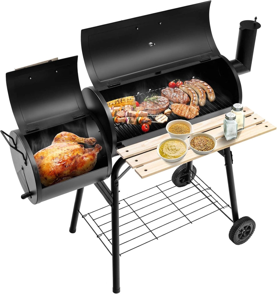 Barbecue a carbone con termometro e ruote, griglia in acciaio con camino, affumicante per esterni, con tavolo laterale e ripiano inferiore, 115 x 65 x 108 cm
