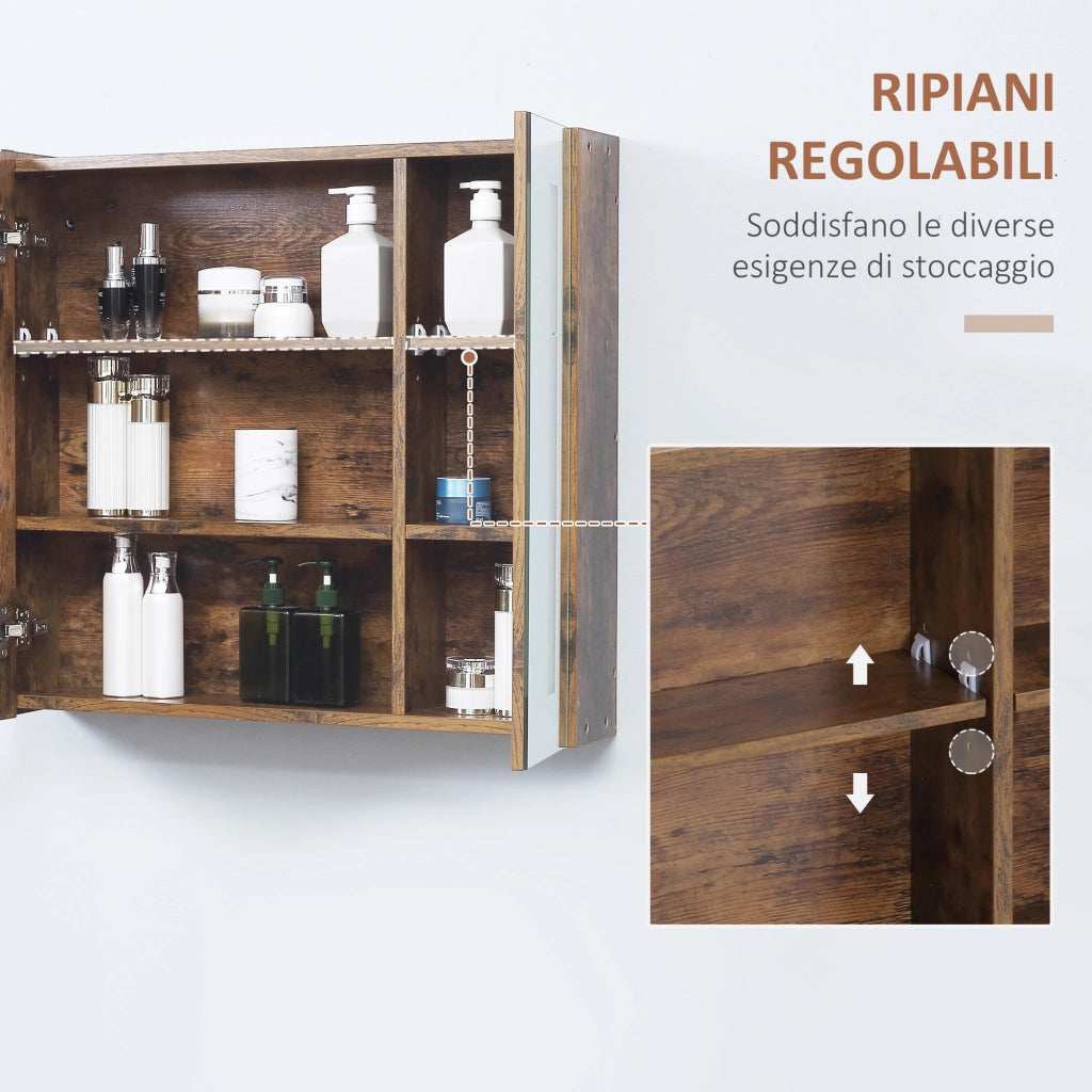Specchiera Bagno con Luci LED Regolabili, 2 Ante e Mensola Regolabile, 70x15x65cm, Marrone
