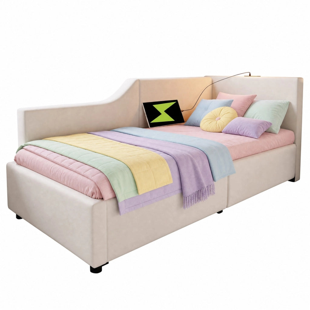 Letto imbottito daybed 90x190 cm con contenitore idraulico, luce lettura e USB-C, velluto beige