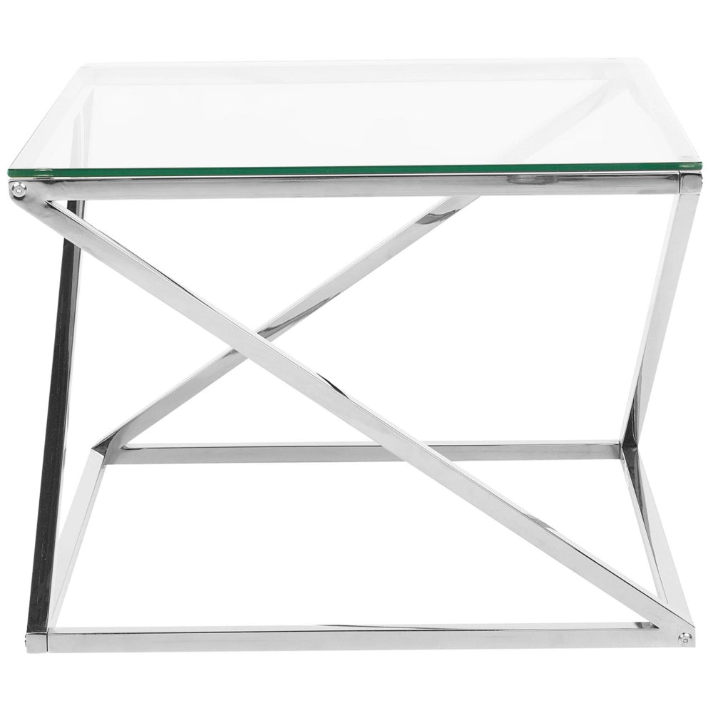 Tavolino da caffè con struttura in acciaio argentato e piano quadrato in vetro dal design glam geometrico