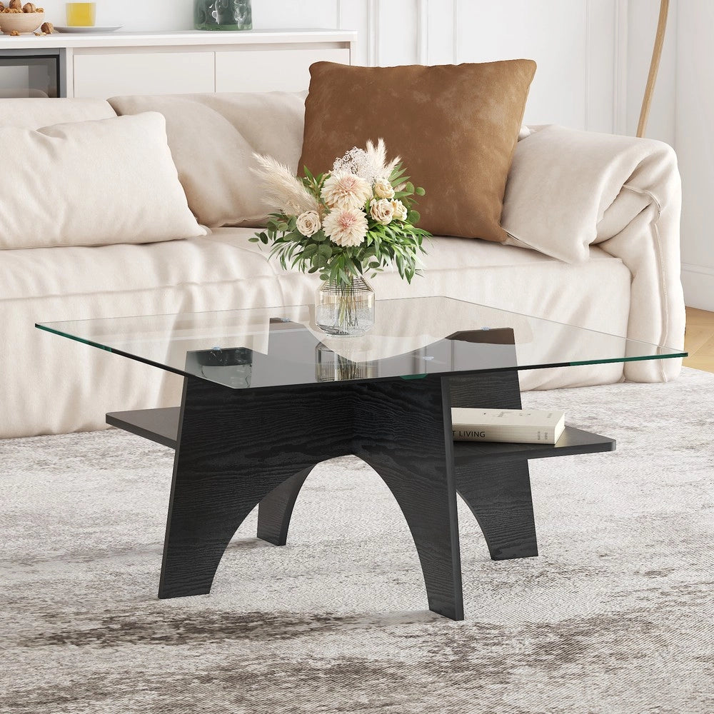 Tavolino da Caff¨¨ Quadrato ¨C MINIMAL ¨C Vetro Temperato e MDF Nero 80x80