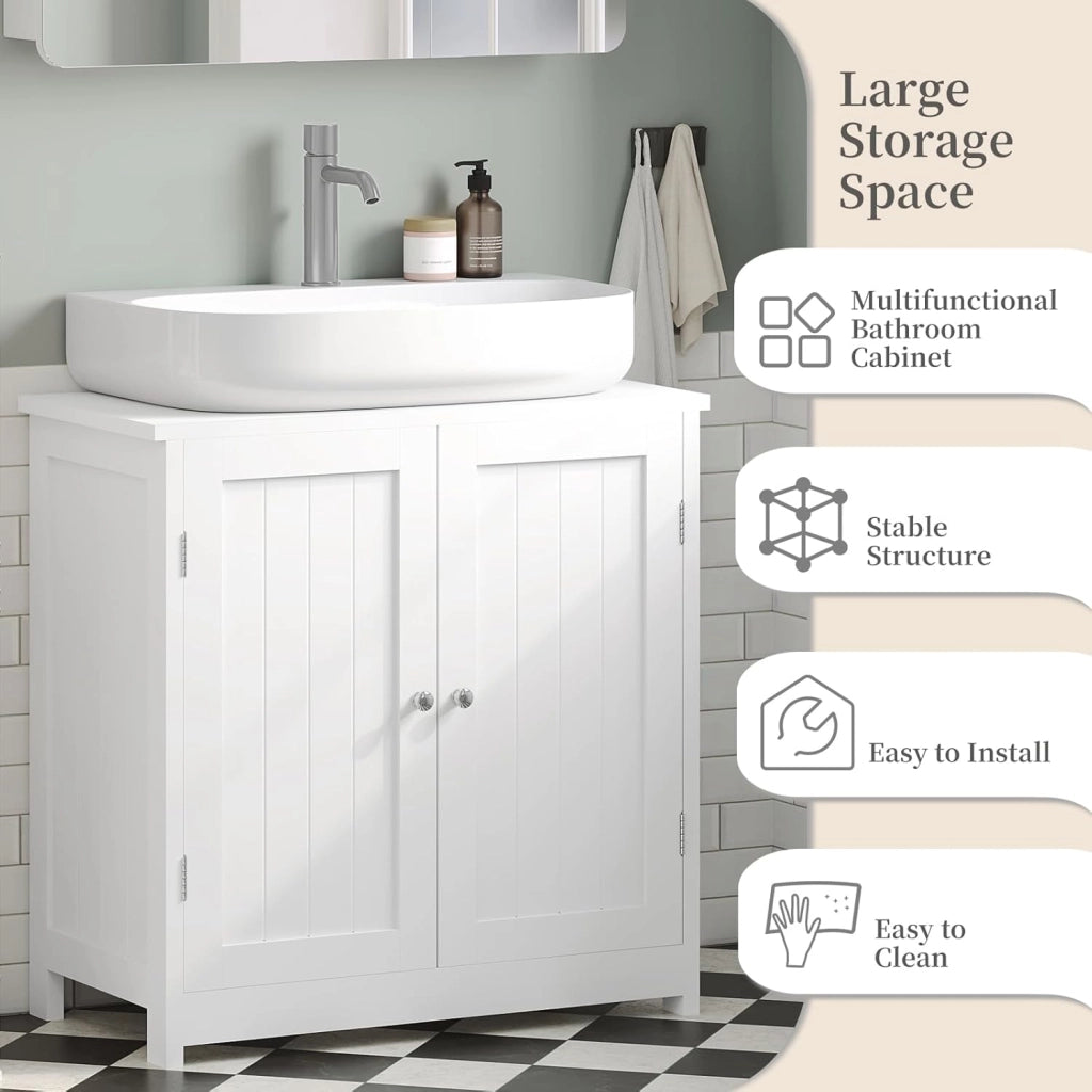 Mobile Sottolavabo per Bagno Mobiletto a Terra Sottolavandino Armadietto Bianco a Due Ante con Ripiani in MDF
