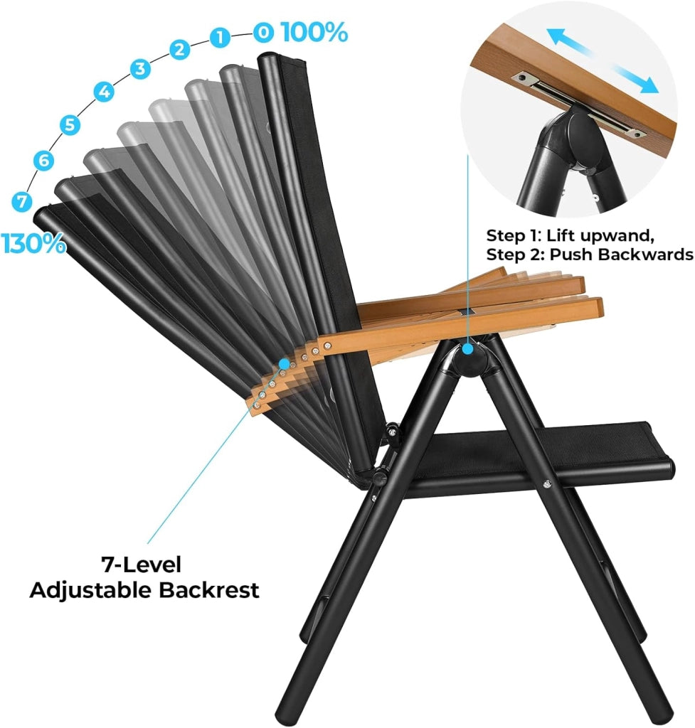 Set di 4 Poltrone da Giardino con Bracciolo Simil Legno, Pieghevole in Alluminio con Schienale Alto Regolabile in 7 Posizioni, per Balcone o Campeggio, Traspirante.