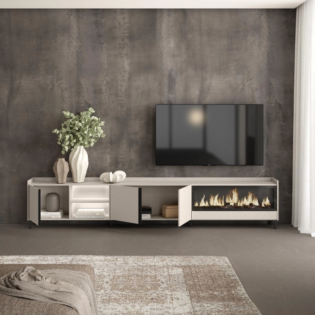 Mobile TV Soggiorno, 315x61x35 cm, Per TV fino a 80", Camino elettrico XXL, Design industriale, LED, Beige
