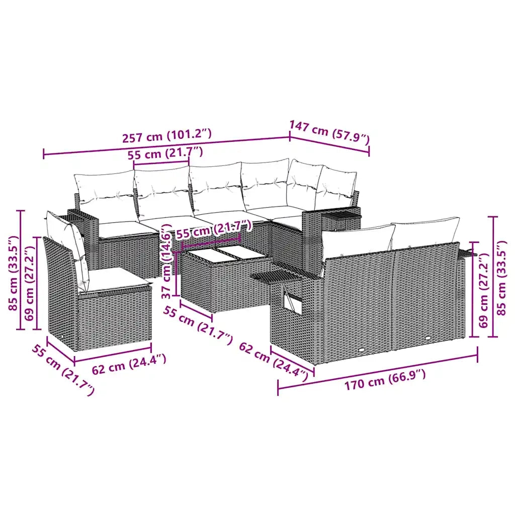 Set Divano da Giardino 9pz con Cuscini Grigio Chiaro Polyrattan
