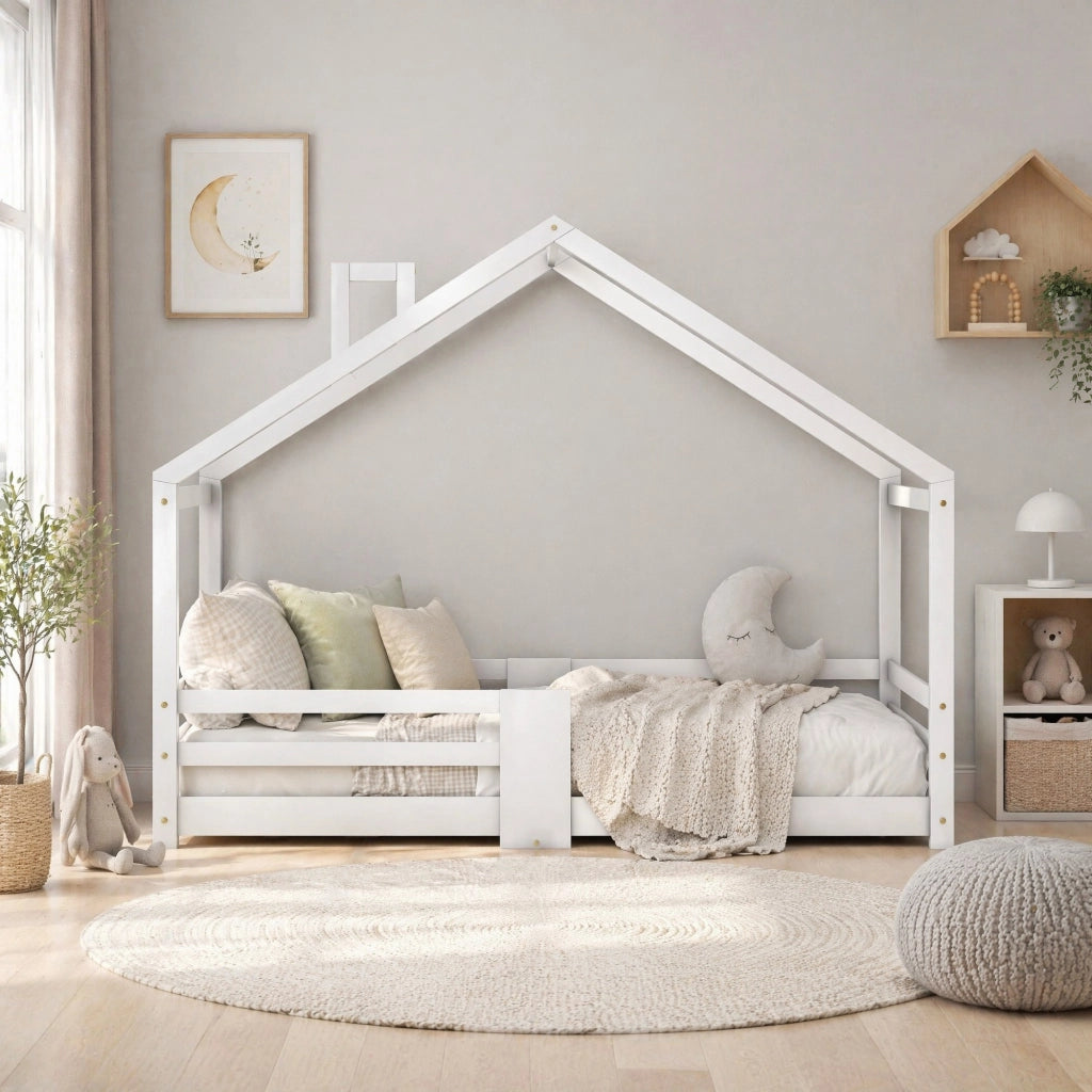 Letto a casetta per bambini 90x200 cm con protezione anticaduta; in legno massello di pino; bianco