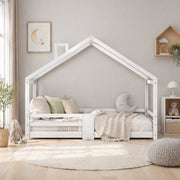 Letto a casetta per bambini 90x200 cm con protezione anticaduta; in legno massello di pino; bianco