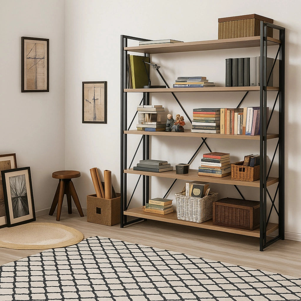 Libreria Demetria, Scaffale da ufficio, Mobile portalibri, Biblioteca, 130x35h180 cm, Quercia e Nero