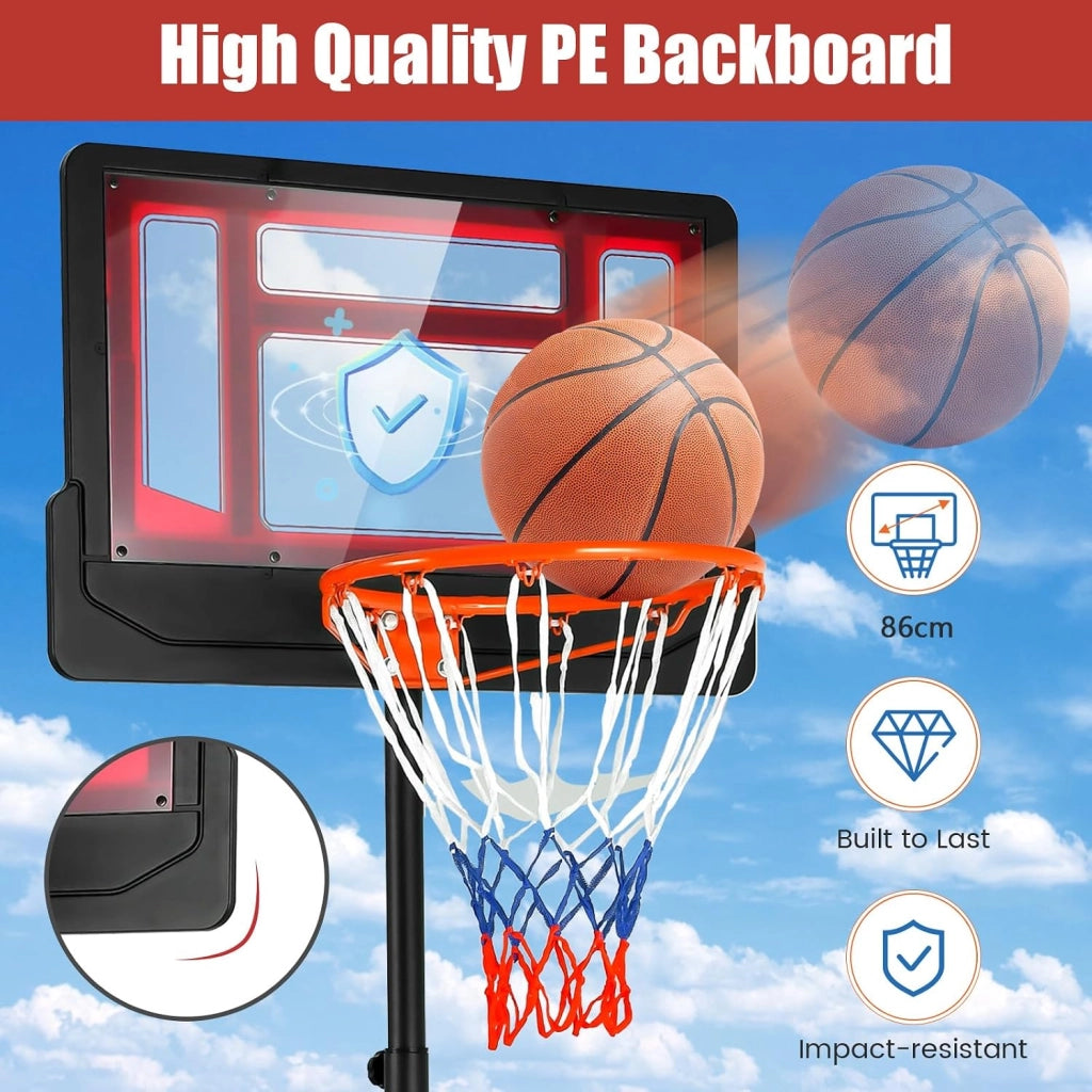 Canestro Basket per Esterno da Pavimento, Canestro da Basket ad Altezza Regolabile 154-210 cm, Supporto da Basket con Base, Portatile con Ruote, Pallacanestro per Interno