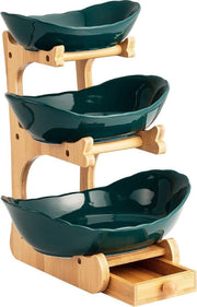 Vassoio per frutta a più livelli, ciotola per frutta in ceramica, insalata di frutta a strati con supporto in legno, sostenibile, per decorazione della cucina, verdure, frutta, snack (3 livelli, verde)