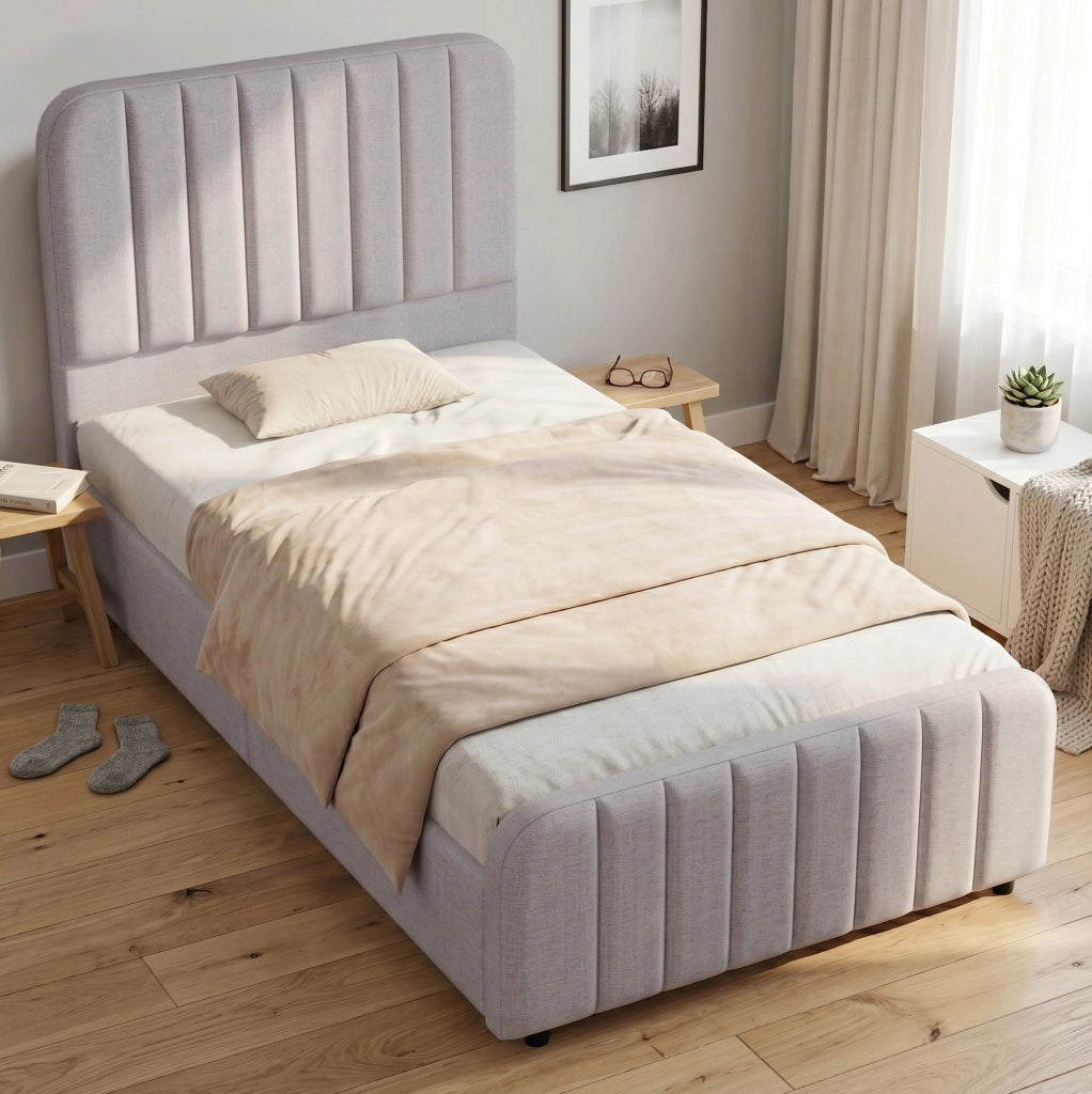 Letto imbottito contenitore 90x200 cm con rete; testiera; lino grigio