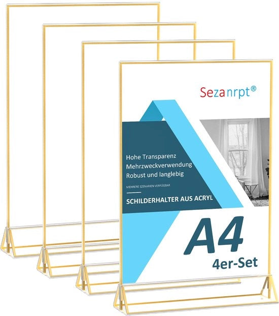 Display per tavolo per menu in acrilico con bordo dorato 4 pz, display per numero di tavolo doppio faccia, menu holder per tavolo, display per carta, supporto per foto, display per menu in acrilico per ristoranti e retail.