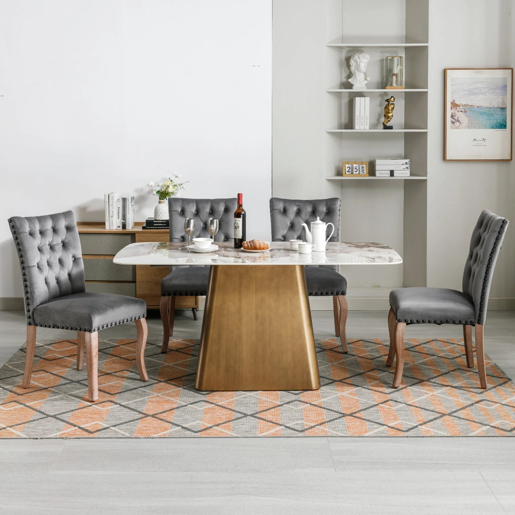 Sedia da pranzo in velluto con schienale ergonomico, anello decorativo e borchie, Grigio 49 × 63 × 95 cm