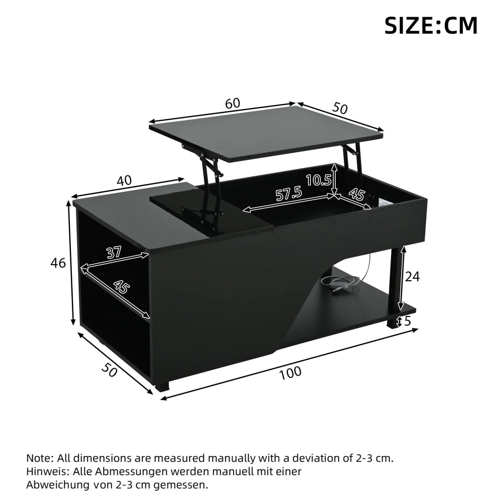 Tavolino da soggiorno regolabile in altezza 50 x 100 x 46 cm; con LED; vano contenitore; nero