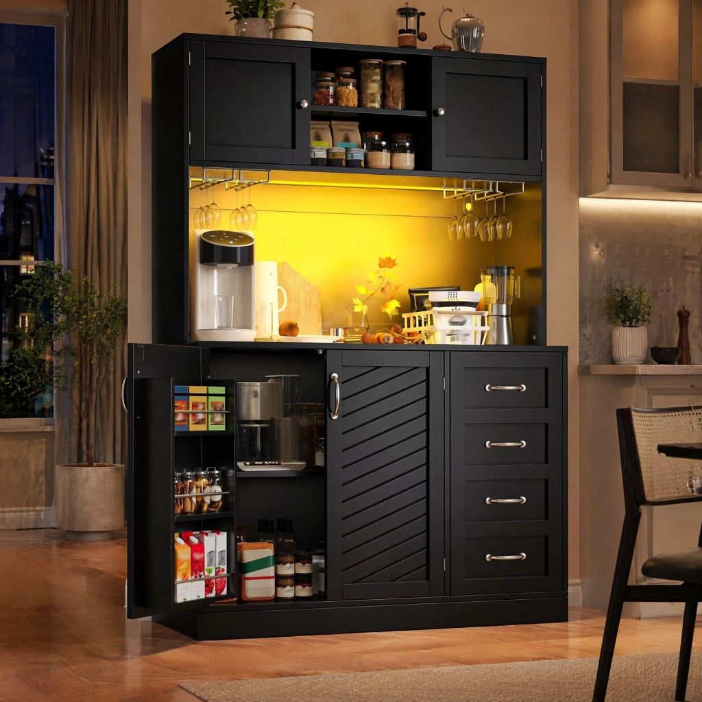 Credenza con illuminazione LED controllabile tramite app; 4 ante e portabevande in MDF nero 120 × 40 × 188 cm