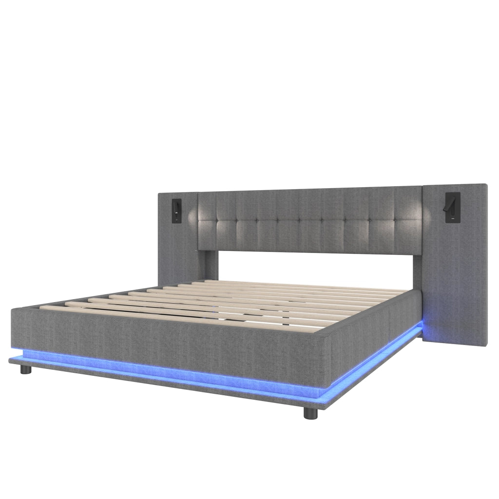DESMIU Letto imbottito 180 × 200 cm con LED, luce da lettura e USB, senza materasso, in lino e MDF, grigio