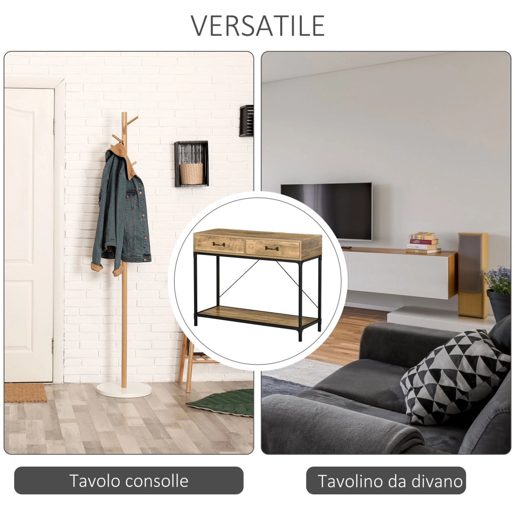 EasyComfort Tavolo Consolle Stile Vintage in Metallo e Legno con 2 Cassetti e Mensola, 100x35x76.5cm, Marrone