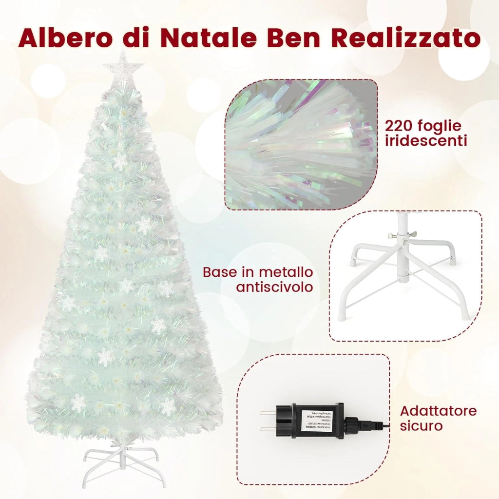 Albero di Natale Pre-illuminato in Fibra Ottica da 120/150/180cm, Albero di Natale Bianco con Foglie Iridescenti, Luci a LED a Fiocco di Neve Multicolore, Luce Superiore a Stella (180 CM)