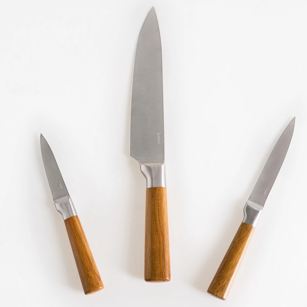 Set moderno di 3 coltelli con blocco in acciaio inossidabile affilati a mano durezza 54 HRC marrone