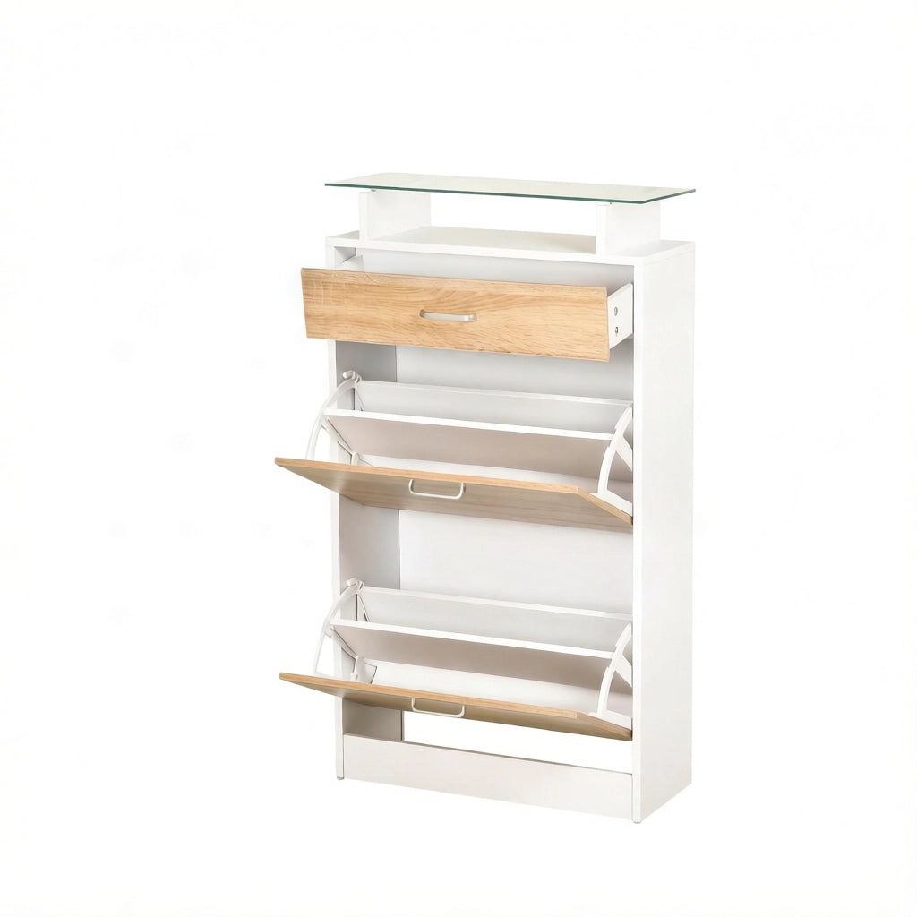 SCARPIERA con ripiano in vetro 60x24x105,5 cm Bianco e Rovere chiaro